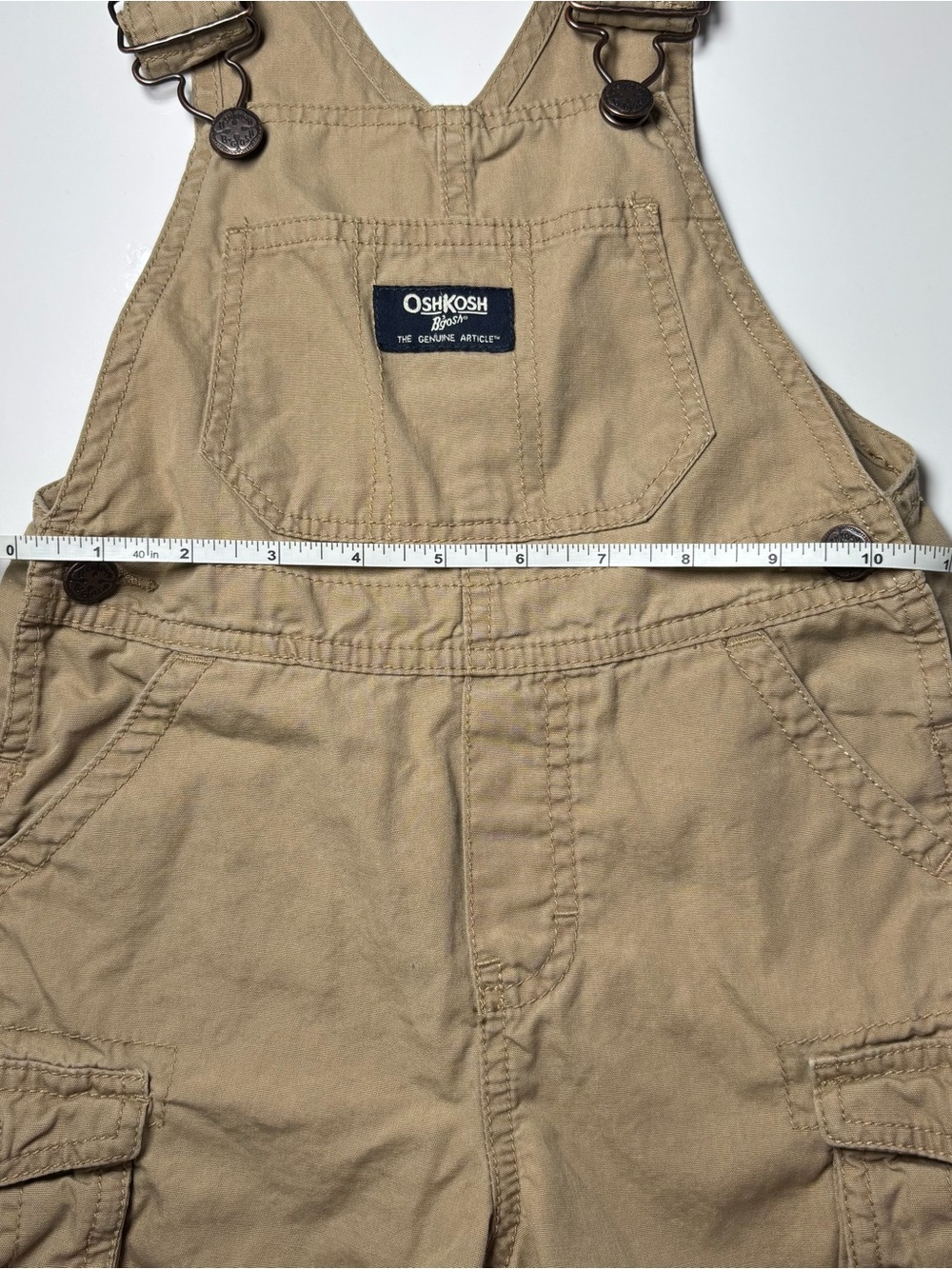 OshKosh B'gosh Toddler Boys Khaki Canvas Cargo Shortall Overalls 3T Summer - Picture 8 of 9